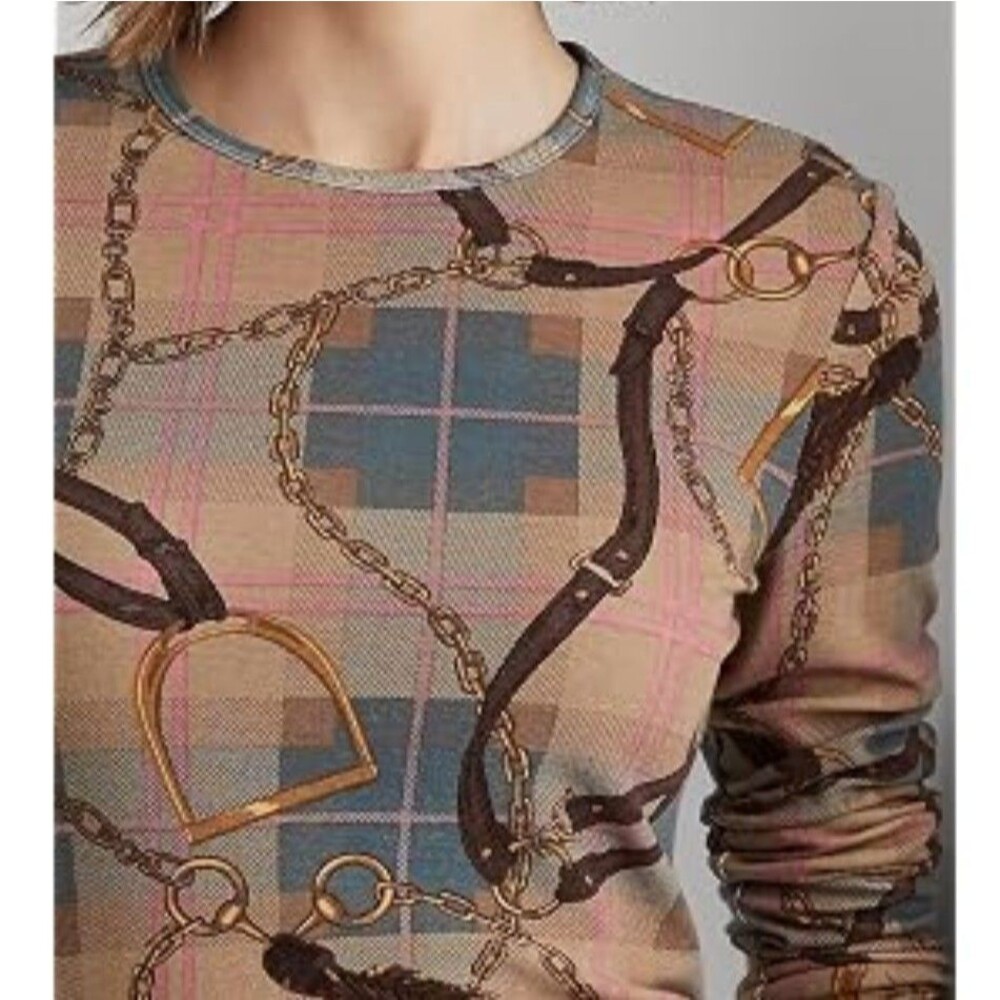 Lauren Ralph Lauren Plaid Equestrian Chain Print Long Sleeve Knit Top - XL